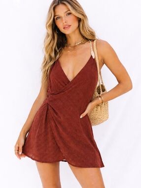 NWOT Free People Boho Crochet Back Mini Dress / Tunic Rust Brown Size L Festival